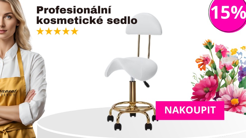 Kosmetické sedlo s opěrkou, bílé polstrování, zlatá konstrukce.